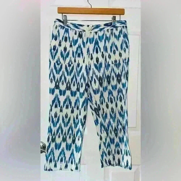 Anthropologie Hei Hei White Blue Southwestern Aztec Casual Cropped pant, Medium - Picture 1 of 3